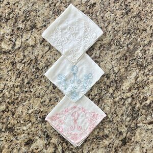 Vintage Embroidered White Monogram 'R' Handkerchief. Set of 3